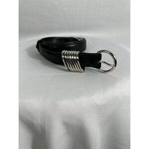 Black Leather Belt With Silver Ring Buckle & Metal Accents